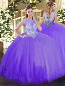 Fancy Scoop Sleeveless Zipper 15 Quinceanera Dress Lavender Tulle