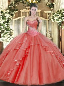 Sleeveless Tulle Floor Length Lace Up Vestidos de Quinceanera in Coral Red with Beading and Ruffled Layers