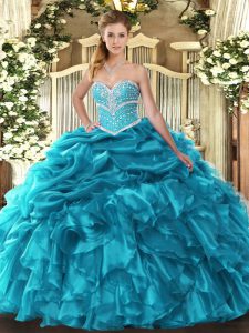 Sweet Teal Ball Gowns Organza Sweetheart Sleeveless Beading and Ruffles and Pick Ups Floor Length Lace Up Ball Gown Prom Dress