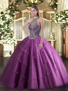 Floor Length Lilac 15th Birthday Dress Tulle Sleeveless Beading