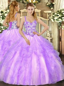 Floor Length Lavender Quinceanera Gown Organza Sleeveless Beading and Appliques and Ruffles