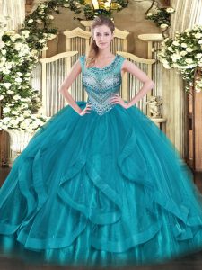 Fabulous Scoop Sleeveless Tulle 15 Quinceanera Dress Beading and Ruffles Lace Up