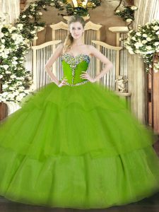 Cute Tulle Lace Up Quinceanera Gown Sleeveless Floor Length Beading and Ruffled Layers
