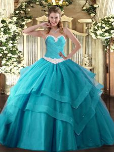Teal 15th Birthday Dress Military Ball and Sweet 16 and Quinceanera with Appliques and Ruffled Layers Sweetheart Sleeveless Lace Up