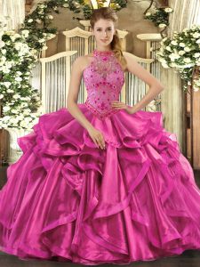 Nice Fuchsia Halter Top Neckline Beading and Embroidery and Ruffles Quinceanera Gowns Sleeveless Lace Up