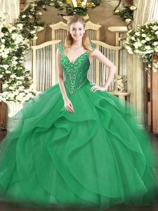 Sleeveless Floor Length Beading and Ruffles Lace Up Quince Ball Gowns with Turquoise