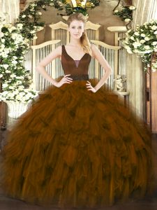 Delicate Brown Straps Neckline Beading and Ruffles Quinceanera Gown Sleeveless Zipper