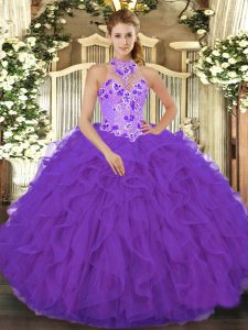 Glittering Ball Gowns Quinceanera Dress Purple Halter Top Organza Sleeveless Floor Length Lace Up