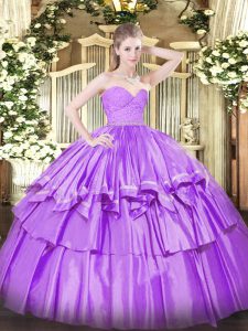 Deluxe Lilac Organza Zipper Ball Gown Prom Dress Sleeveless Floor Length Beading and Lace and Ruffled Layers
