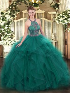 Glittering Teal Tulle Lace Up Halter Top Sleeveless Floor Length Quinceanera Dress Beading and Ruffles