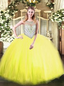 Yellow Green Ball Gowns Beading Quince Ball Gowns Zipper Tulle Sleeveless Floor Length