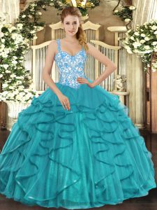 Teal Straps Lace Up Beading and Ruffles 15th Birthday Dress Sleeveless