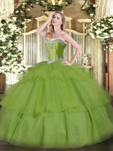 Customized Sweetheart Sleeveless Tulle Quince Ball Gowns Beading and Ruffled Layers Lace Up
