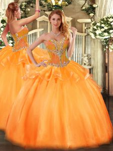 Orange Ball Gowns Beading 15th Birthday Dress Lace Up Tulle Sleeveless Floor Length