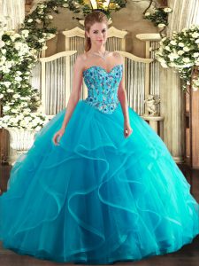 Free and Easy Aqua Blue Lace Up Sweetheart Embroidery and Ruffles Quince Ball Gowns Tulle and Printed Sleeveless