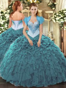 Hot Selling Sleeveless Floor Length Beading and Ruffles Lace Up Quinceanera Dresses with Teal