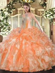 Fine Sweetheart Sleeveless 15th Birthday Dress Floor Length Beading and Ruffles Orange Organza