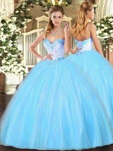 Fashionable Aqua Blue Sleeveless Beading Floor Length Quinceanera Dresses