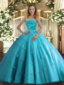 Most Popular Aqua Blue Ball Gowns Tulle Strapless Sleeveless Beading and Appliques and Ruffled Layers Floor Length Lace Up Quinceanera Dress