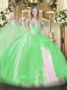 Cute Tulle Sweetheart Sleeveless Lace Up Beading and Ruffles Quinceanera Gown in