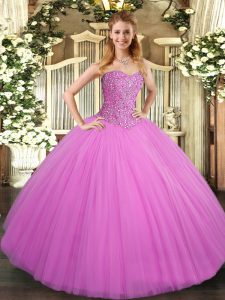 Fancy Lilac Ball Gowns Sweetheart Sleeveless Tulle Floor Length Lace Up Beading Sweet 16 Dresses