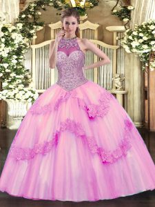 Sleeveless Tulle Floor Length Lace Up 15 Quinceanera Dress in Rose Pink with Beading and Appliques