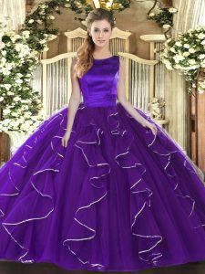 Purple Vestidos de Quinceanera Military Ball and Sweet 16 and Quinceanera with Ruffles Scoop Sleeveless Lace Up