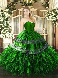 Affordable Sleeveless Organza and Taffeta Floor Length Zipper Quinceanera Dresses in Green with Embroidery and Ruffles