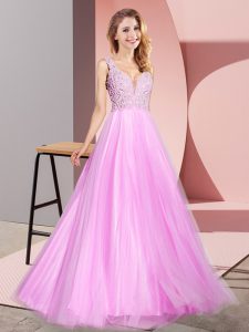Floor Length Lilac Prom Dresses V-neck Sleeveless Zipper