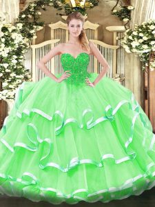 Apple Green Ball Gowns Lace Quince Ball Gowns Lace Up Organza Sleeveless Floor Length