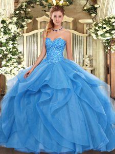 High Class Sweetheart Sleeveless Tulle Quince Ball Gowns Beading and Ruffles Lace Up