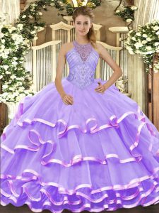 Lavender Sleeveless Beading and Ruffled Layers Floor Length Quinceanera Gown