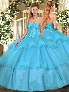 Super Aqua Blue Quinceanera Gown Military Ball and Sweet 16 and Quinceanera with Beading and Ruffled Layers Sweetheart Sleeveless Lace Up