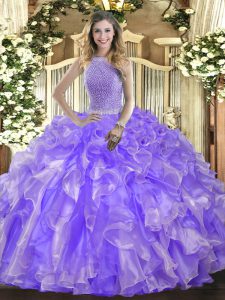 Pretty Sleeveless Beading and Ruffles Lace Up Quince Ball Gowns