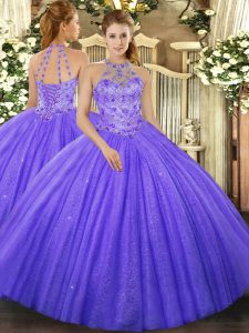 Graceful Sleeveless Floor Length Beading and Embroidery Lace Up Sweet 16 Dress with Lavender