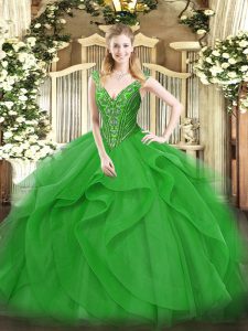 Graceful Green Sleeveless Tulle Lace Up Vestidos de Quinceanera for Military Ball and Sweet 16 and Quinceanera