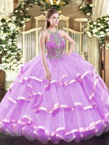Trendy Halter Top Sleeveless Tulle Quinceanera Gown Beading and Ruffled Layers Lace Up