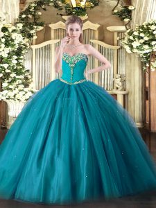 Teal Sweetheart Neckline Beading 15th Birthday Dress Sleeveless Lace Up