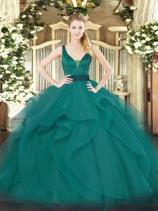 Straps Sleeveless 15th Birthday Dress Floor Length Beading and Ruffles Teal Tulle