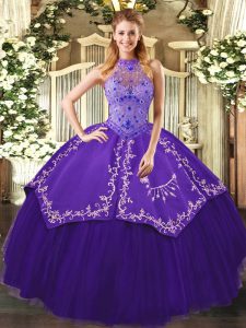 Floor Length Lace Up Sweet 16 Dresses Purple for Sweet 16 and Quinceanera with Beading and Embroidery
