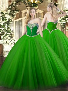 Sleeveless Tulle Floor Length Lace Up 15th Birthday Dress in Green with Beading