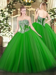 Fancy Floor Length Lace Up 15 Quinceanera Dress Green for Military Ball and Sweet 16 and Quinceanera with Beading