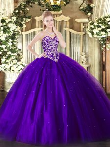 Purple Tulle Lace Up Sweetheart Sleeveless Floor Length Sweet 16 Dresses Beading