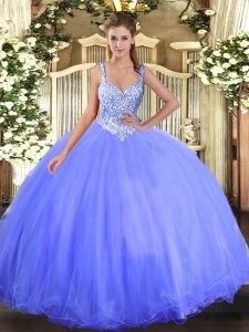 Best Blue Sweet 16 Dress Military Ball and Sweet 16 and Quinceanera with Beading Straps Sleeveless Lace Up
