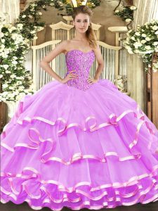 Custom Fit Floor Length Lace Up Quinceanera Gowns Lilac for Military Ball and Sweet 16 and Quinceanera with Beading and Ruffled Layers