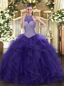 Purple Ball Gowns Tulle Halter Top Sleeveless Beading and Ruffled Layers Floor Length Lace Up Quince Ball Gowns