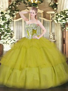 Fancy Olive Green Strapless Lace Up Beading and Ruffled Layers Ball Gown Prom Dress Sleeveless