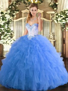 Sleeveless Floor Length Beading and Ruffles Lace Up Quinceanera Dress with Baby Blue