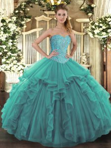 Fantastic Floor Length Turquoise 15th Birthday Dress Tulle Sleeveless Beading and Ruffles