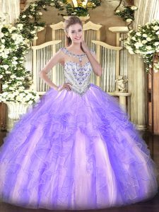 Lavender Zipper Scoop Beading and Ruffles Sweet 16 Dresses Tulle Sleeveless